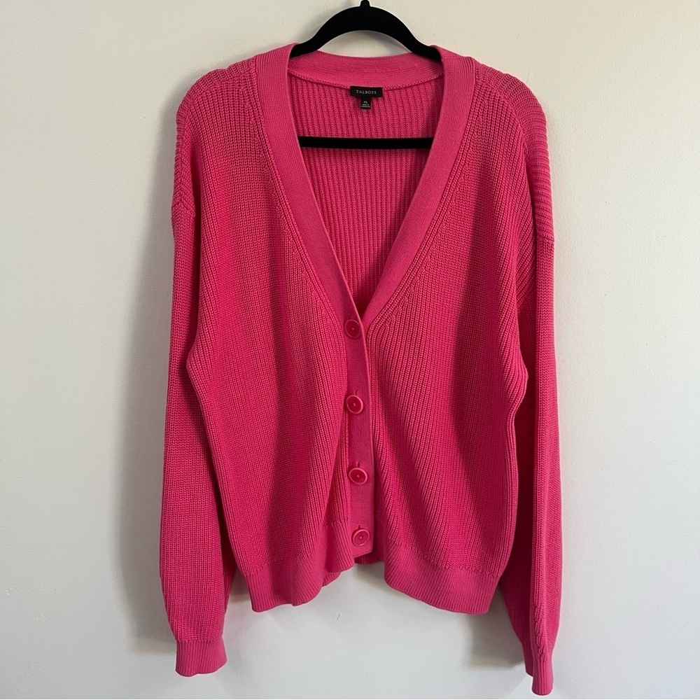 Talbots Pink Pima Shaker Stitch Bishop Sleeve Cardigan - Picture 2 of 10